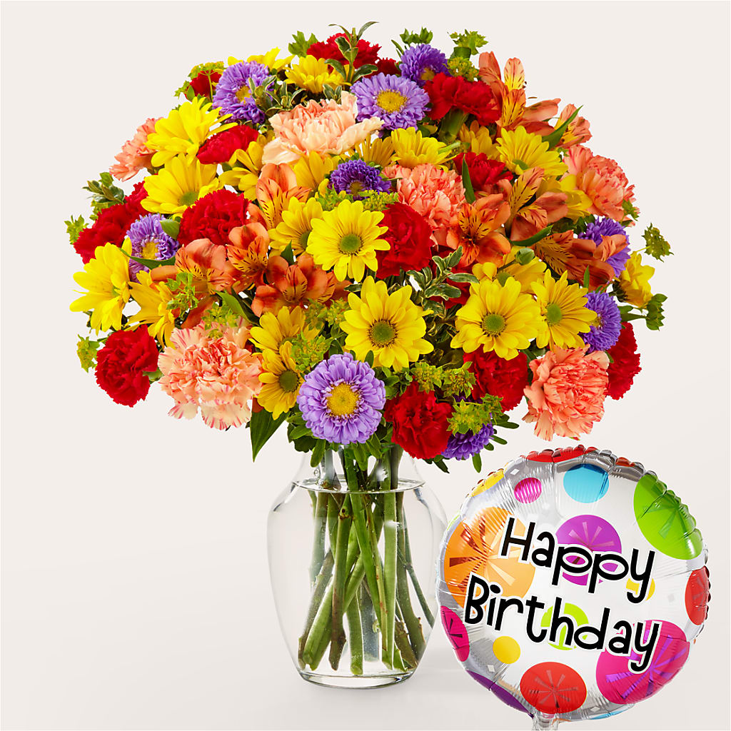 Kaleidoscope Bouquet with Birthday Balloon – UP UP & AWAY FLORAL & EVENT PLANNING, Lumberton NC