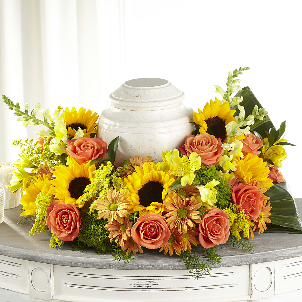 Faithful Sunflower Cremation Adornment – UP UP & AWAY FLORAL & EVENT PLANNING, Lumberton NC