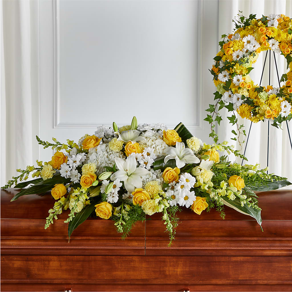 Golden Harmony Casket Spray – UP UP & AWAY FLORAL & EVENT PLANNING, Lumberton NC