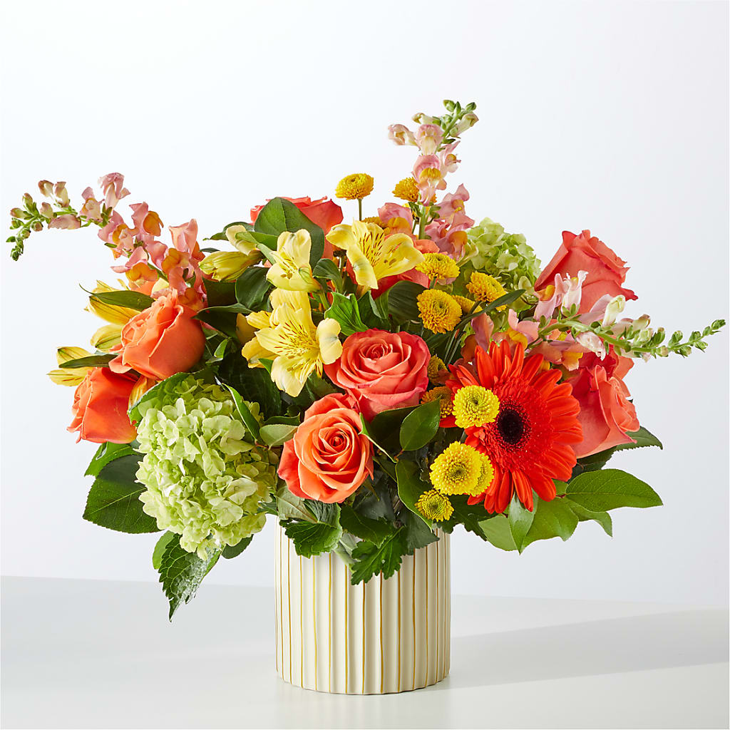 Autumn Sunshine Bouquet with Ivory Vase – UP UP & AWAY FLORAL & EVENT PLANNING, Lumberton NC