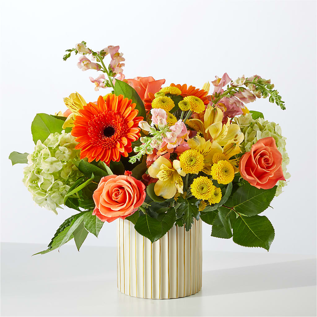 Autumn Sunshine Bouquet with Ivory Vase – UP UP & AWAY FLORAL & EVENT PLANNING, Lumberton NC