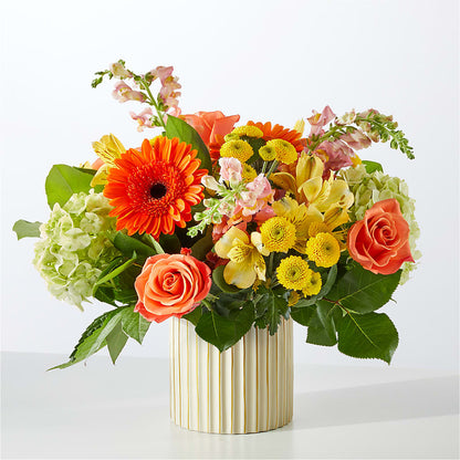 Autumn Sunshine Bouquet with Ivory Vase – UP UP & AWAY FLORAL & EVENT PLANNING, Lumberton NC